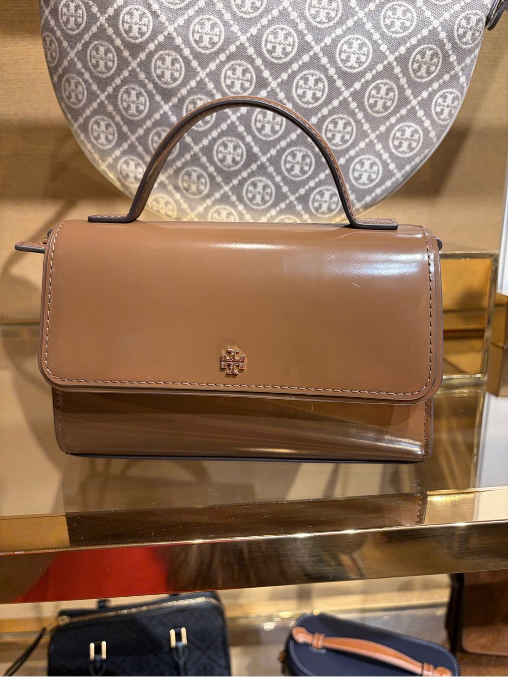 Tory Burch Emerson smooth mini  Patent Leather Top-Handle Bag in Taupe new